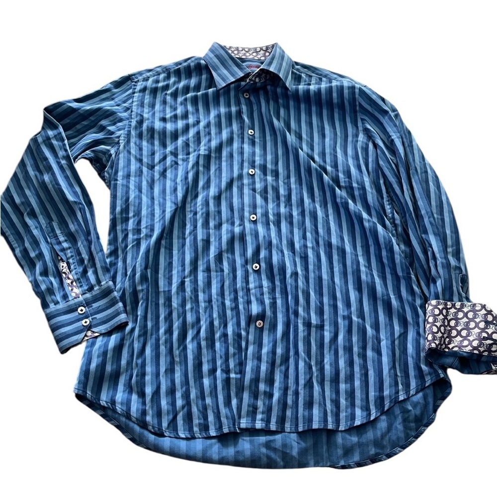 Robert Graham Mens Blue Striped Dress Shirt Purple Accent Print Size Large/XL